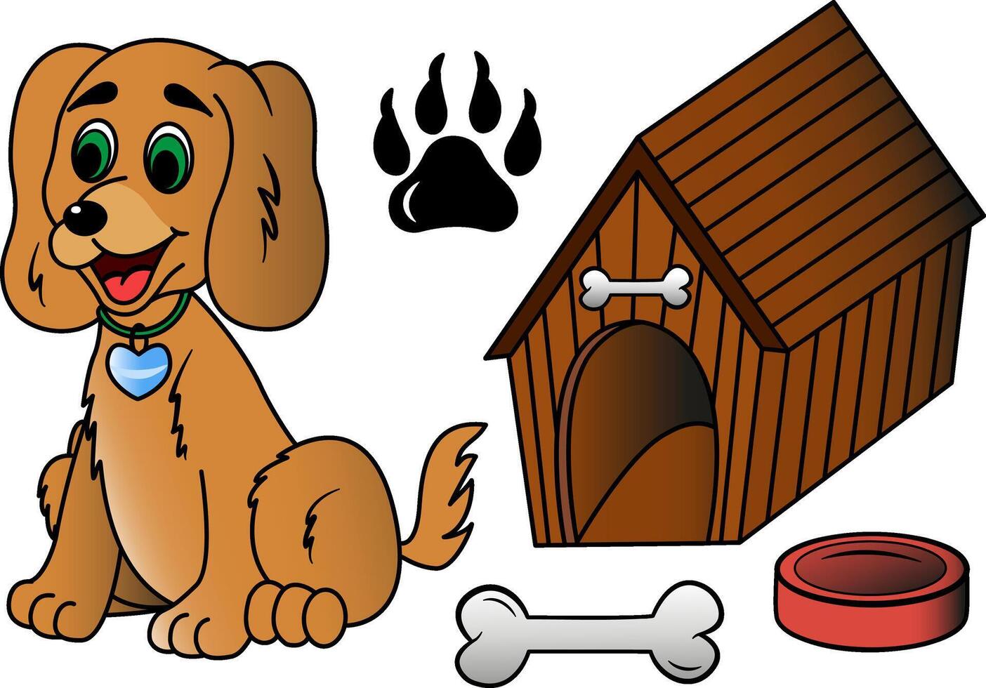 Cute Puppy and Dog Accessories. Illustration of Dog House, Food Bowl, Bone, and Dog Paw vector