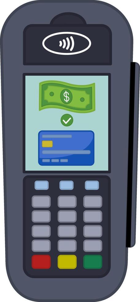 POS Terminal Processes Payment. Online Banking Payment Machine. illustration. Credit Card and Money. NFC payment processing device vector