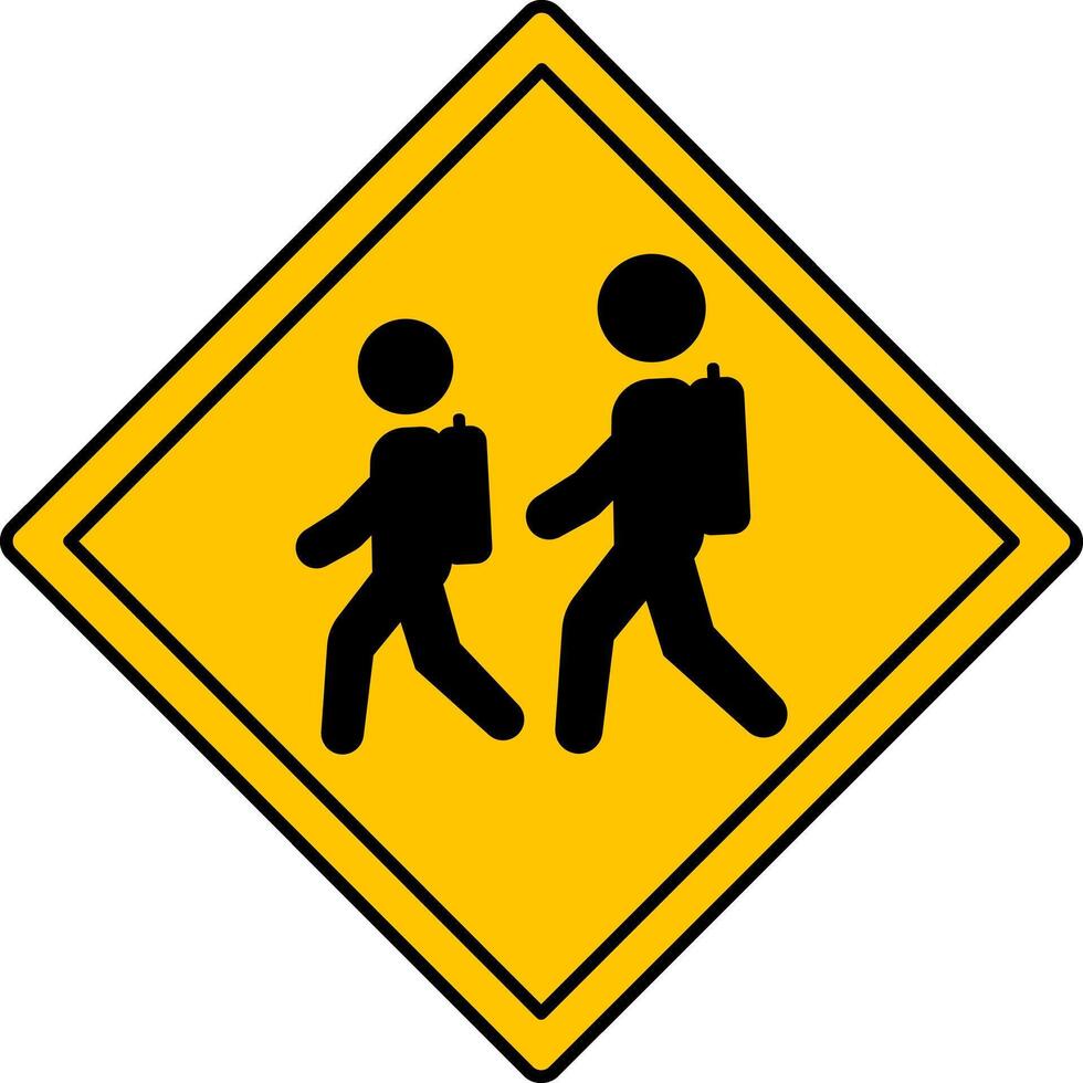 Yellow Sign Caution School Crossing. Warning Road Sign. Children Crossing Road. vector