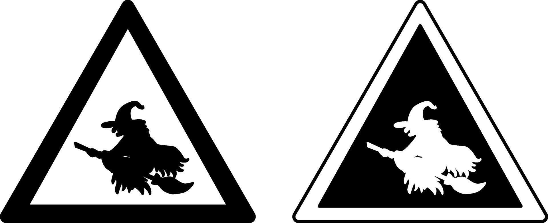 Signs Attention Witch Road. Warning Road Signs. Evil Witch Flying on a Broom. vector