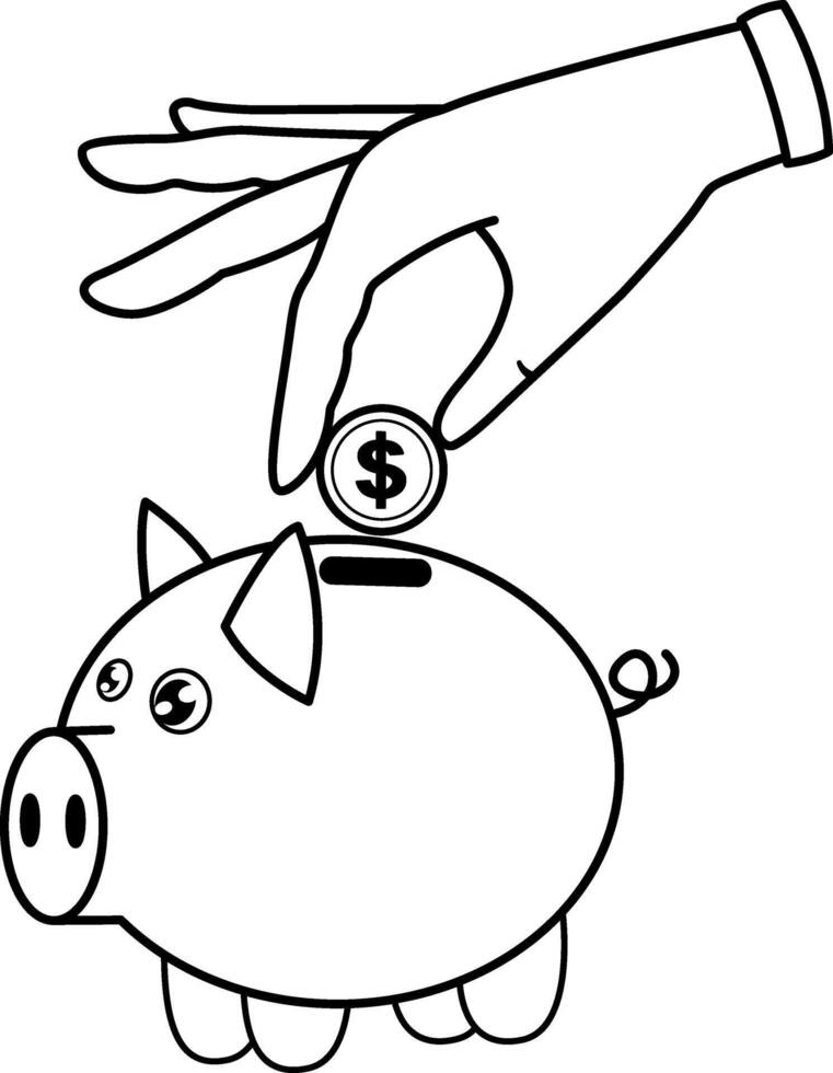 Hand Throws Coin into Piggy Bank for Coloring Book. Concept of Personal or Family Savings, Economy, Income, Finance, Investments. illustration vector