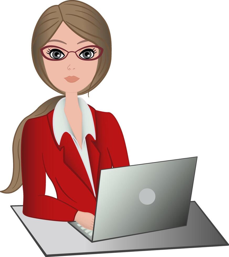 Business Woman with Laptop. Office Worker in Suit and Glasses. Flat illustration vector