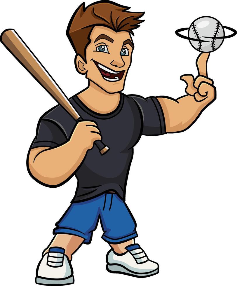 Cheerful Man Playing Baseball. Logo. Illustration of a Character with a Baseball Bat and Spinning the Ball on His Finger. vector