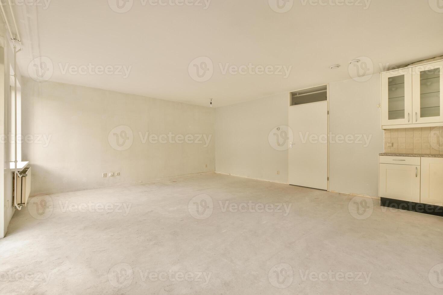 An empty room with white walls and a kitchen photo