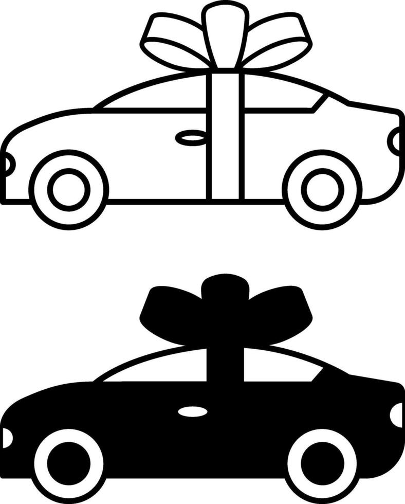 New Car Icons. Black and White Icons. Buying a New Vehicle. Car in Gift Wrap. Holiday and Shopping Concept vector