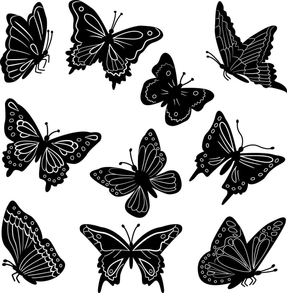 Silhouette of black butterflies on a white background. Butterflies icon vector