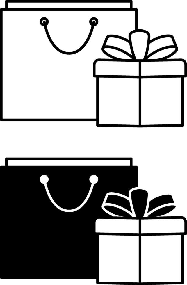 Present Icons. Black and White Icons. Shopping Bag and Gift Box with Bow. Holiday and Shopping Concept vector
