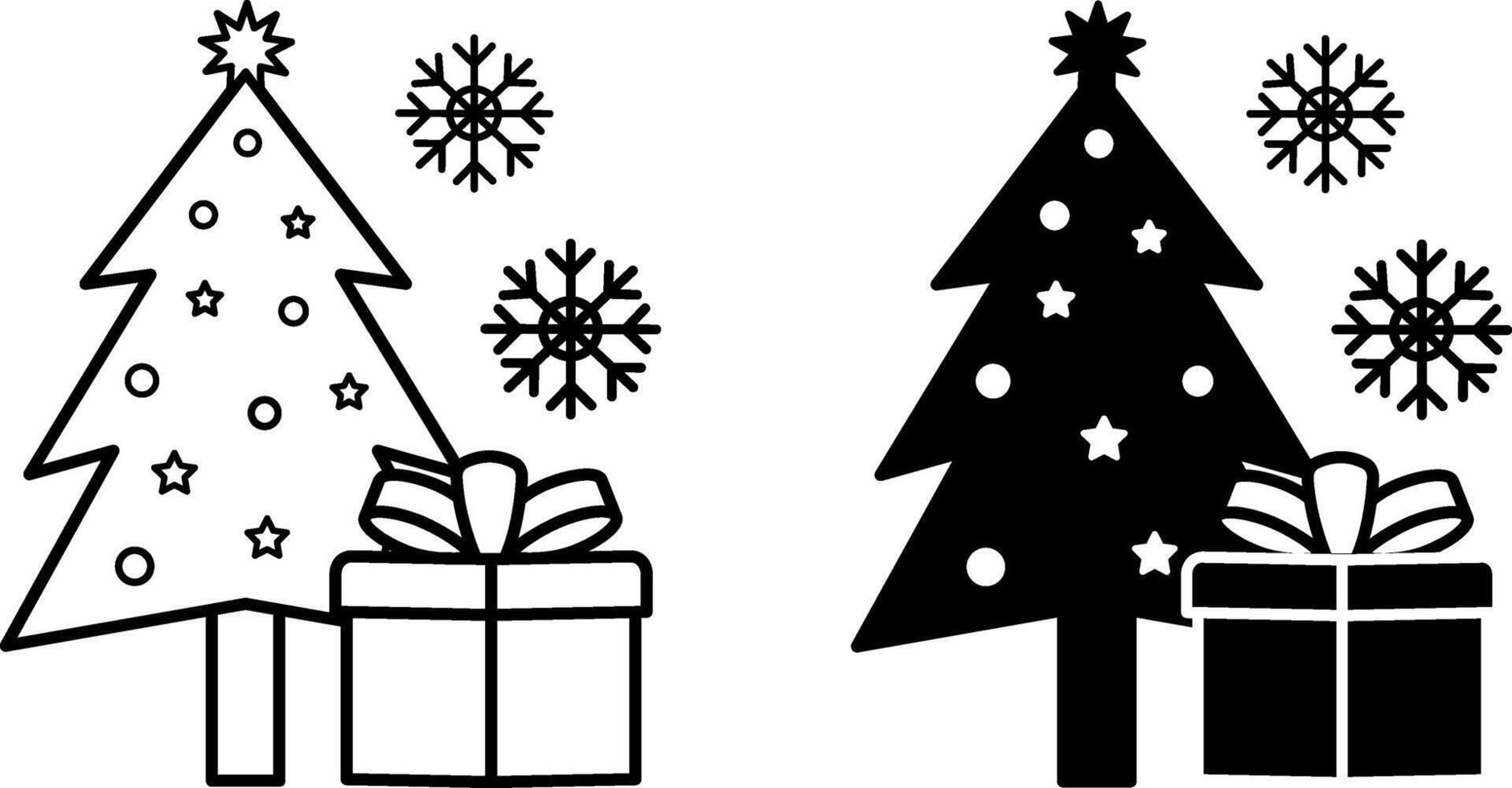Christmas Icons. Black and White Icons. Holiday Tree, Gift, and Snowflakes. Holiday and Party Concept vector