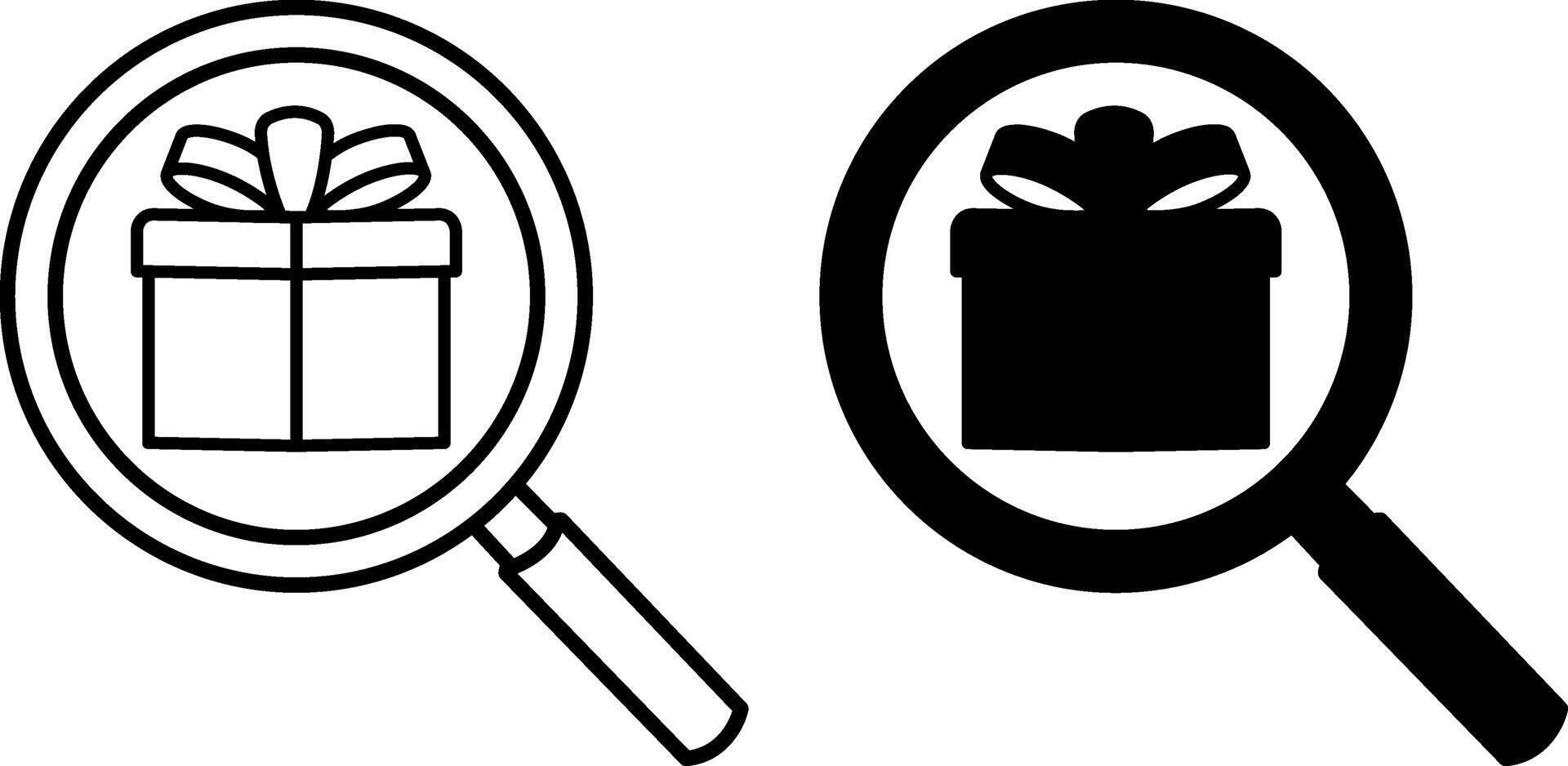 Find Gift Icons. Black and White Icons. Magnifying Glass and Gift Box. Holiday and Shopping Concept vector