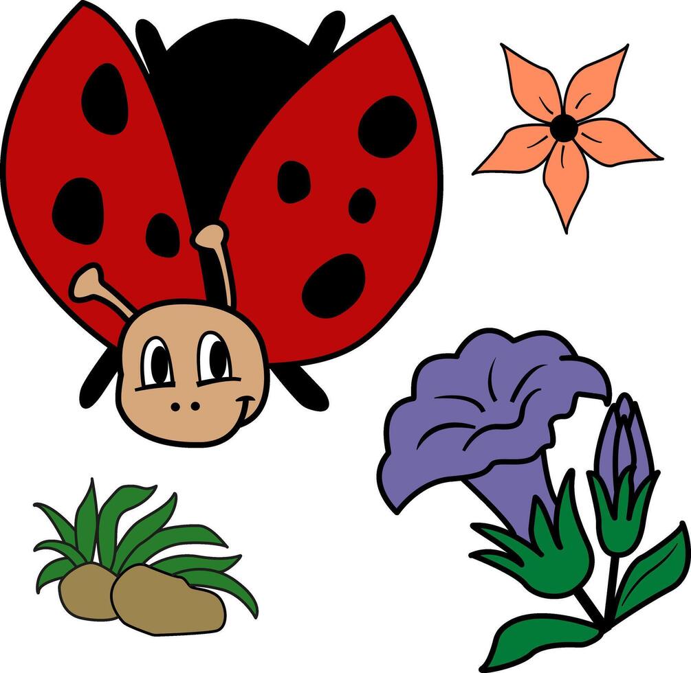Cartoon ladybug, flowers and leaves on stone. Illustration of a funny ladybug flying on a white background vector