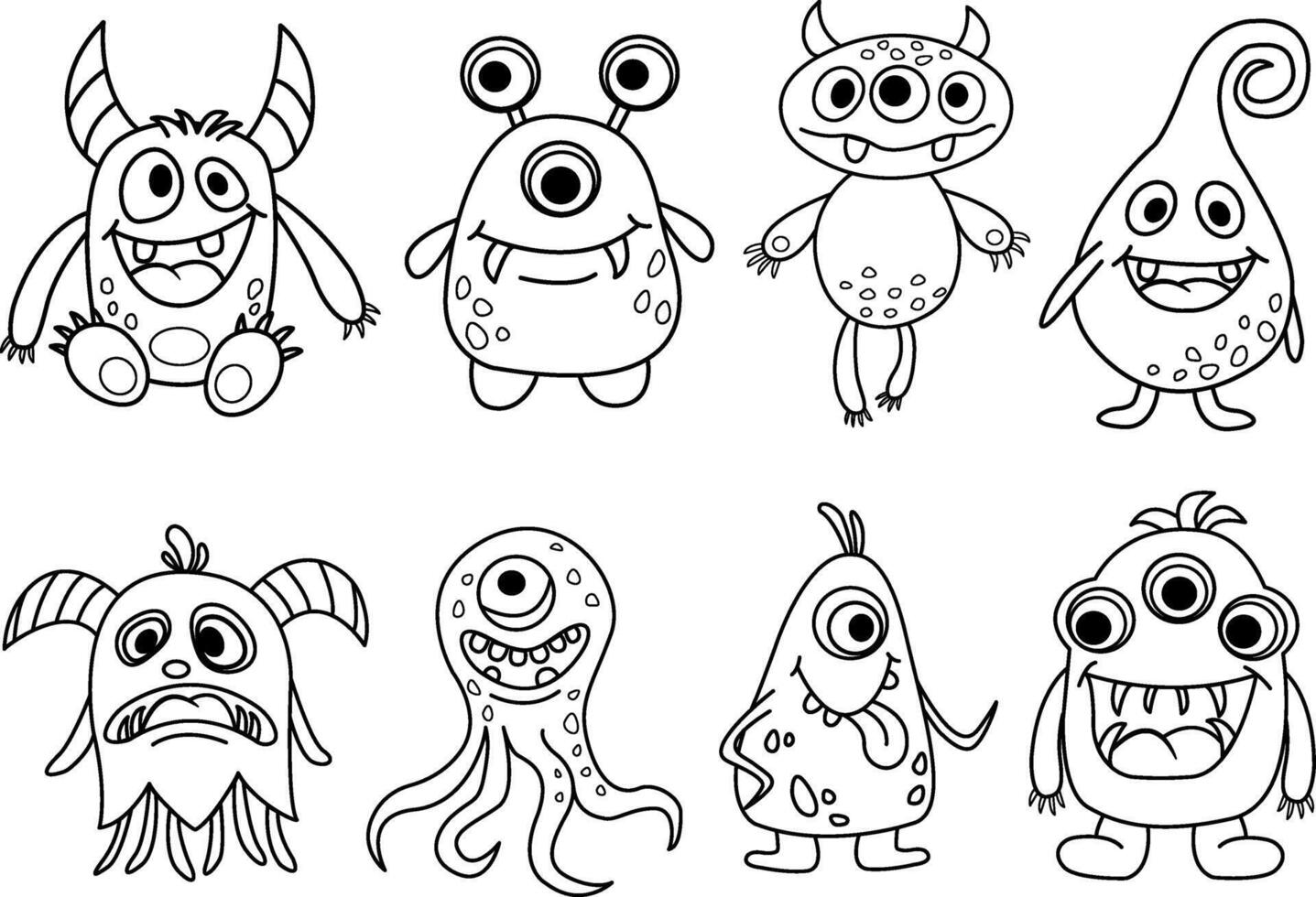 Set of Cartoon Monsters for Coloring Pages. Illustration of Monsters on a White Background vector
