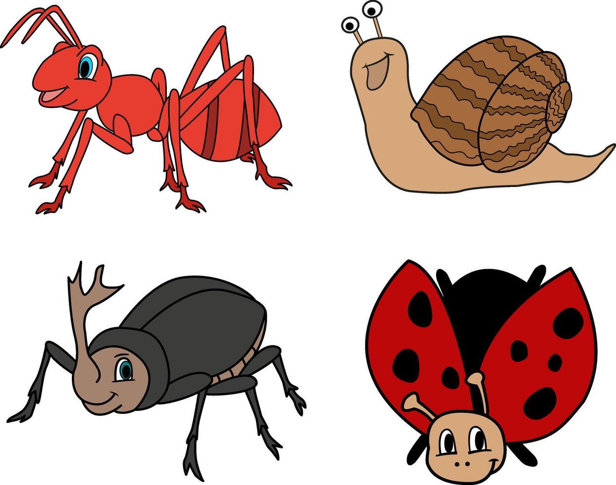 Set of Cute Cartoon Insects. Illustration Funny Ant, Snail, Rhino Beetle, Ladybug vector