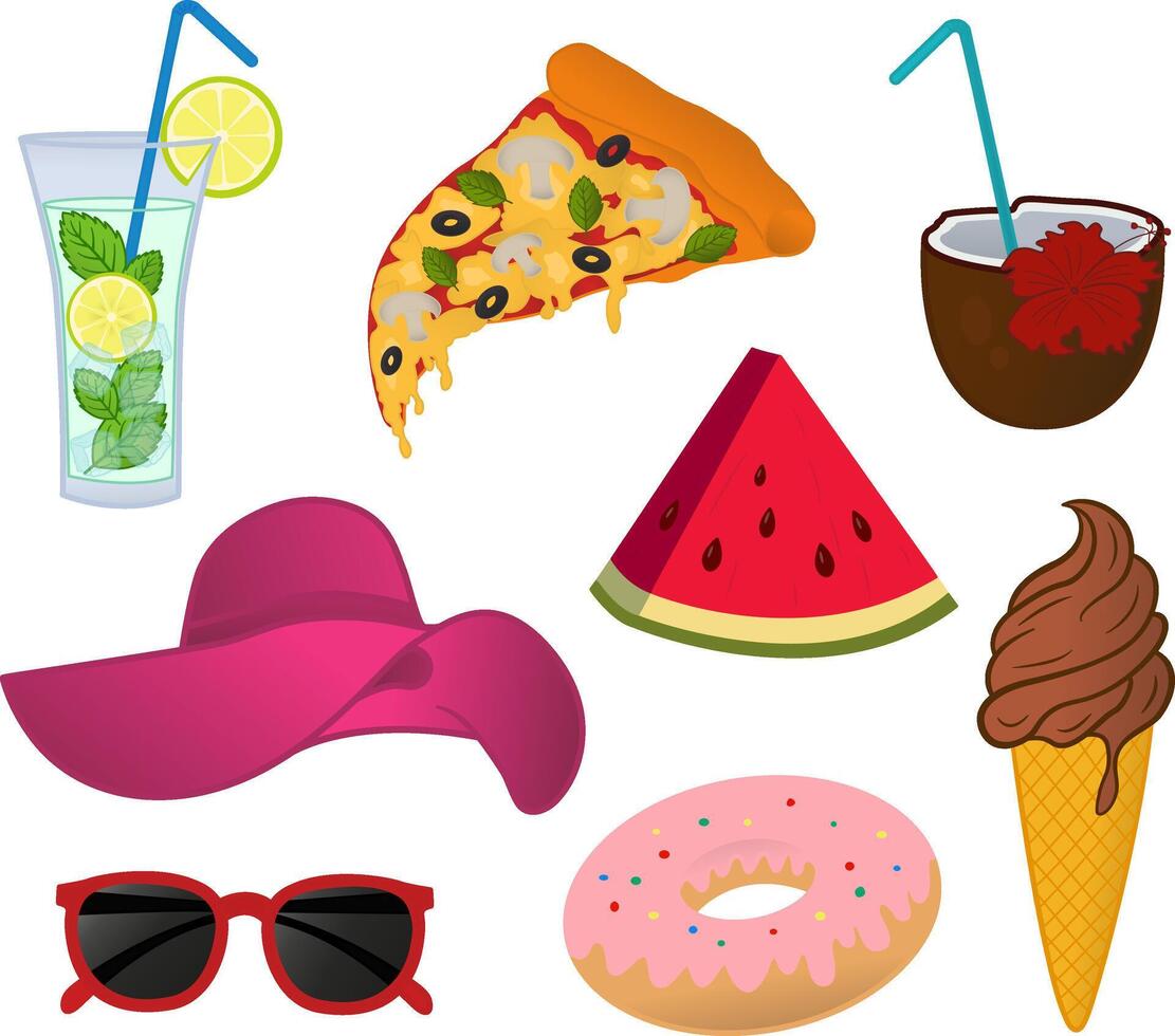 Set of Cartoon Summer Elements. Illustration of Refreshing Drinks, Ice Cream, Pizza, Watermelon, Donut, Beach Hat, and Sunglasses vector