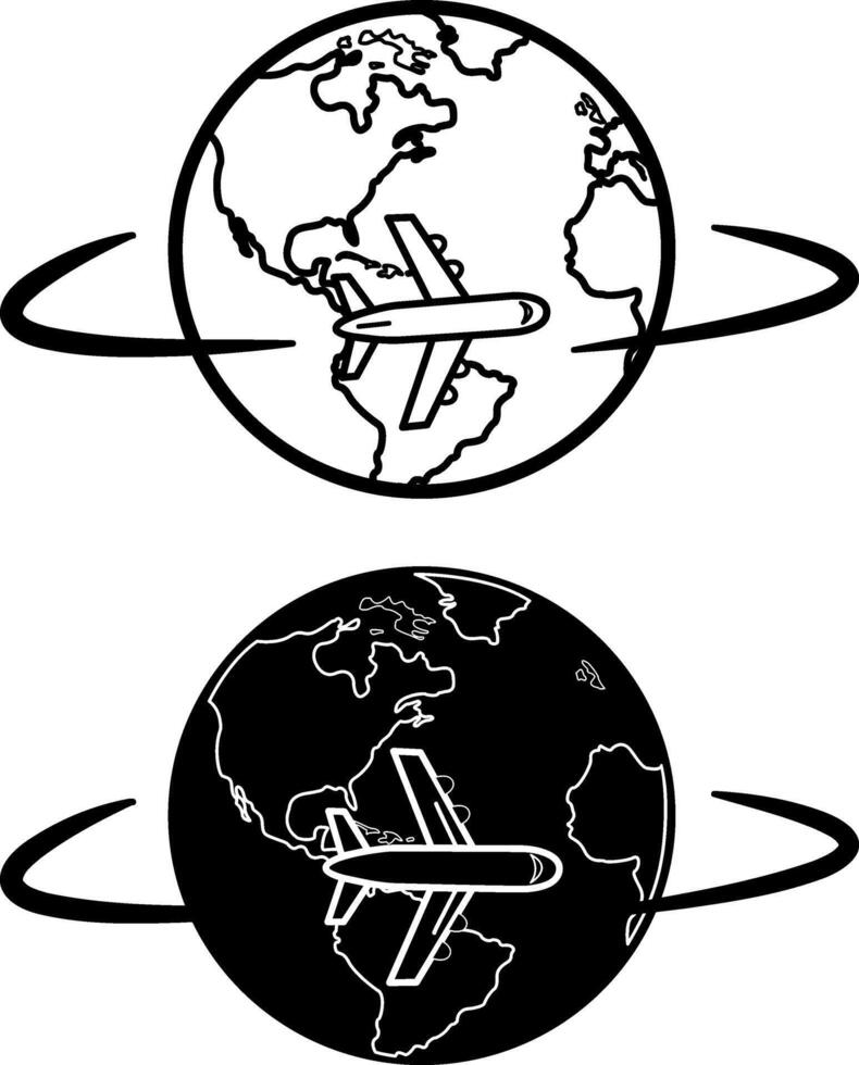Airplane Icons Flying Around Planet Earth. Illustration Travel to different countries. Travel Time logo. Leisure and Tourism vector
