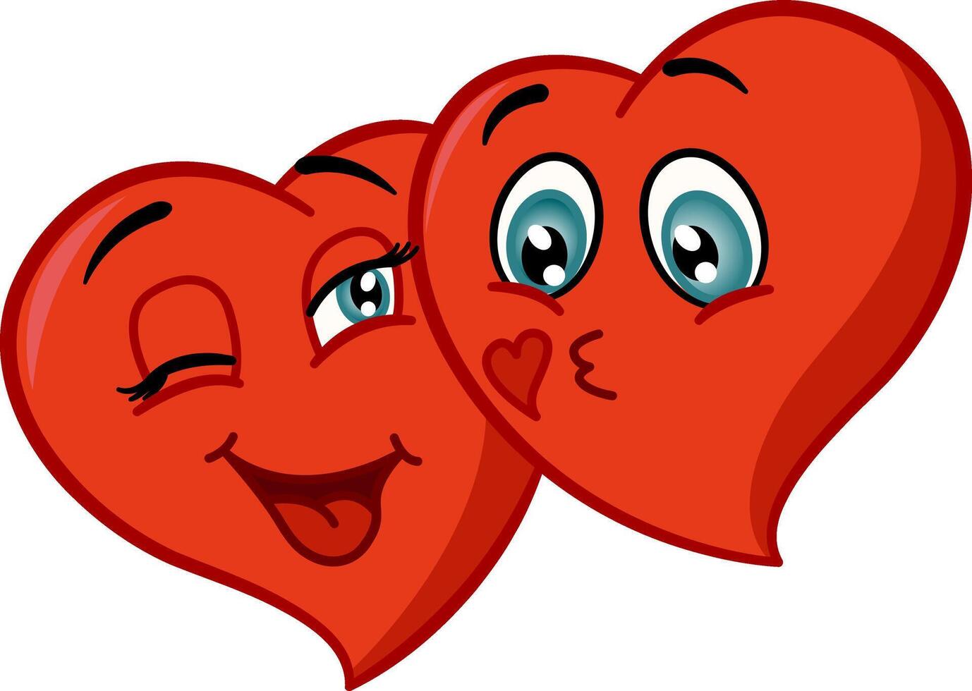 Two Cartoon Hearts in Love. Kiss of the Heart. Happy couple. Illustration of Funny Characters for Valentines Day vector