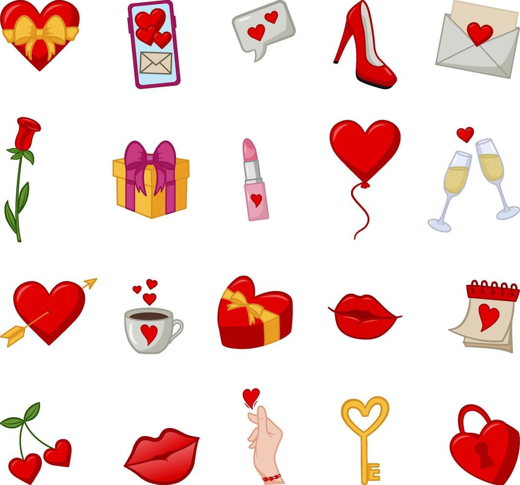 Cute Items for Valentines Day. Romantic Elements heart, gift boxes, lips, heart lock, key, glasses of champagne, coffee with hearts, lipstick, romantic messages vector
