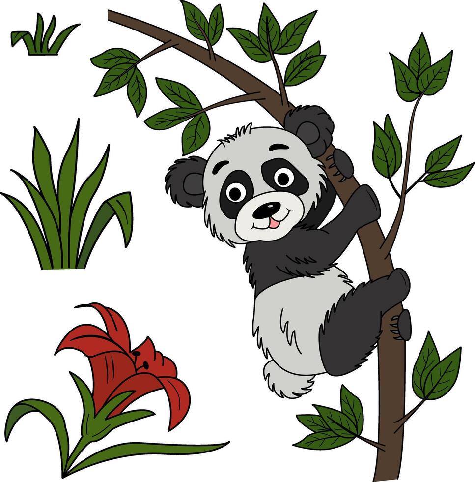 Clipart of a cartoon cute panda on a branch, with a flower and grass. illustration of a funny panda on a branch. Wild animal in the jungle vector