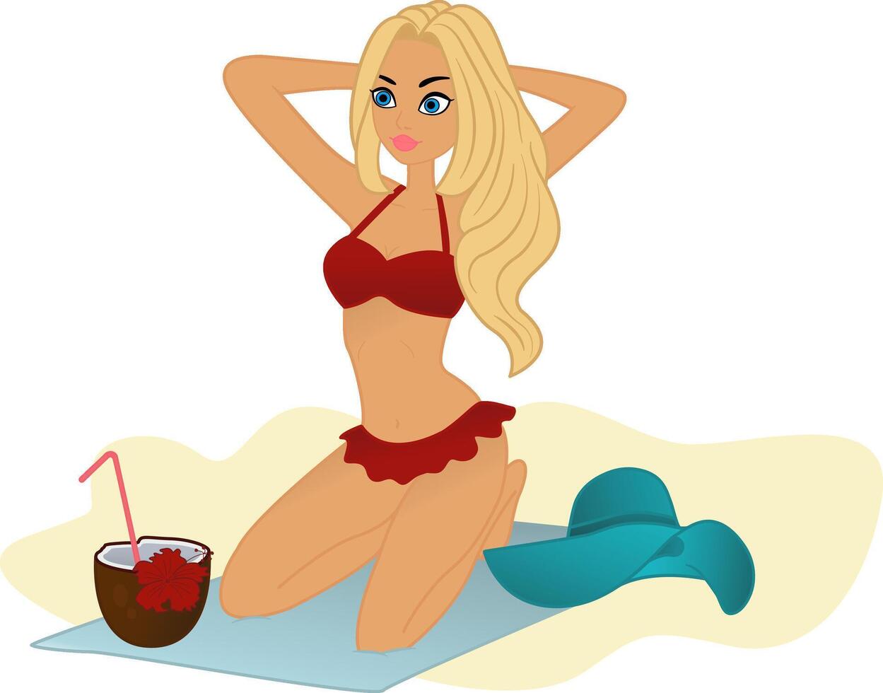 Beautiful Girl Sunbathes on the Beach. Illustration of a Young Woman in a Swimsuit Sitting on a Beach Towel, Next to a Summer Hat and a Coconut Cocktail vector