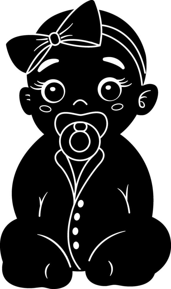 Little Girl Black Icon. Illustration of a Cute Cartoon Baby with a Pacifier vector