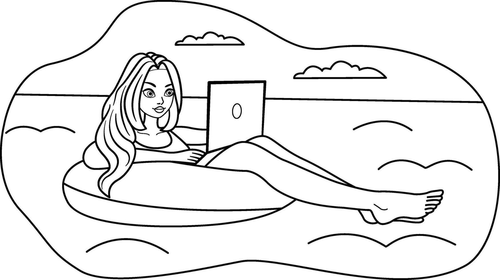 Young Woman Resting and Working for Coloring. Illustration of a Beautiful Girl Floating on an Inflatable Ring in the Sea and Working with a Laptop vector