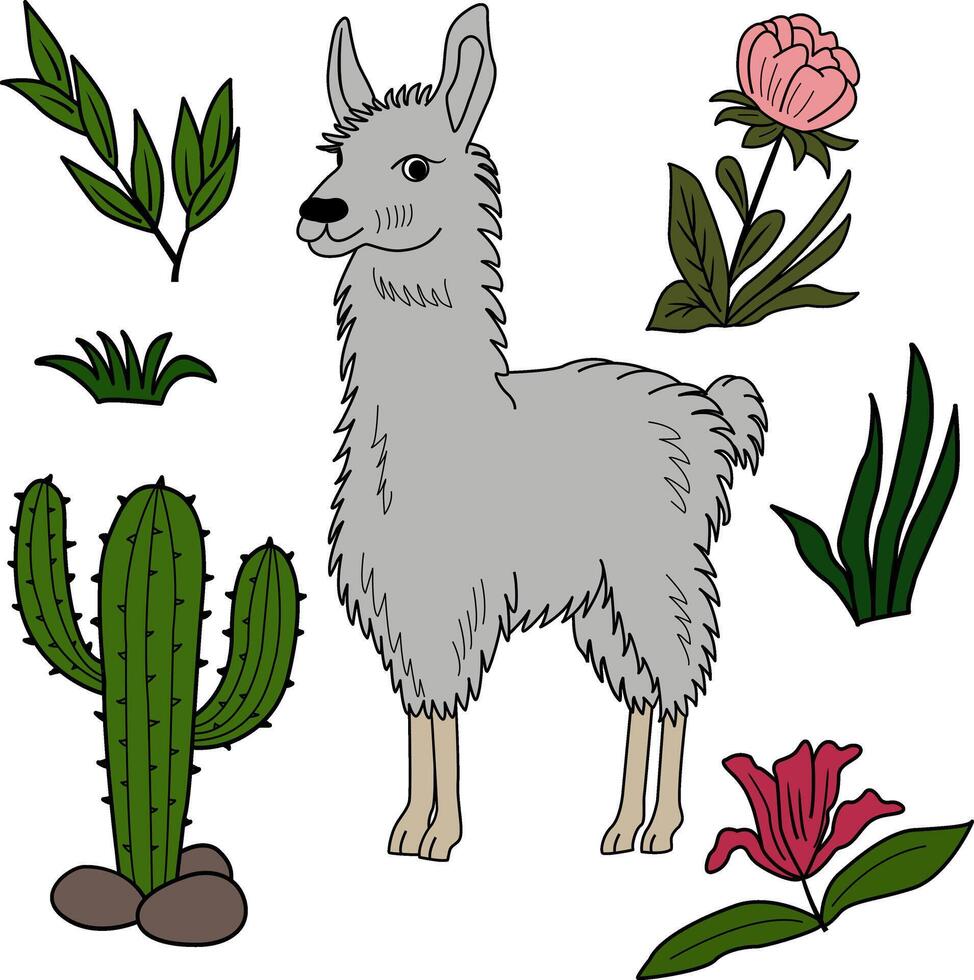Cartoon llama, colorful flowers, green grass, and leaves. Colorful clipart alpaca on the lawn vector