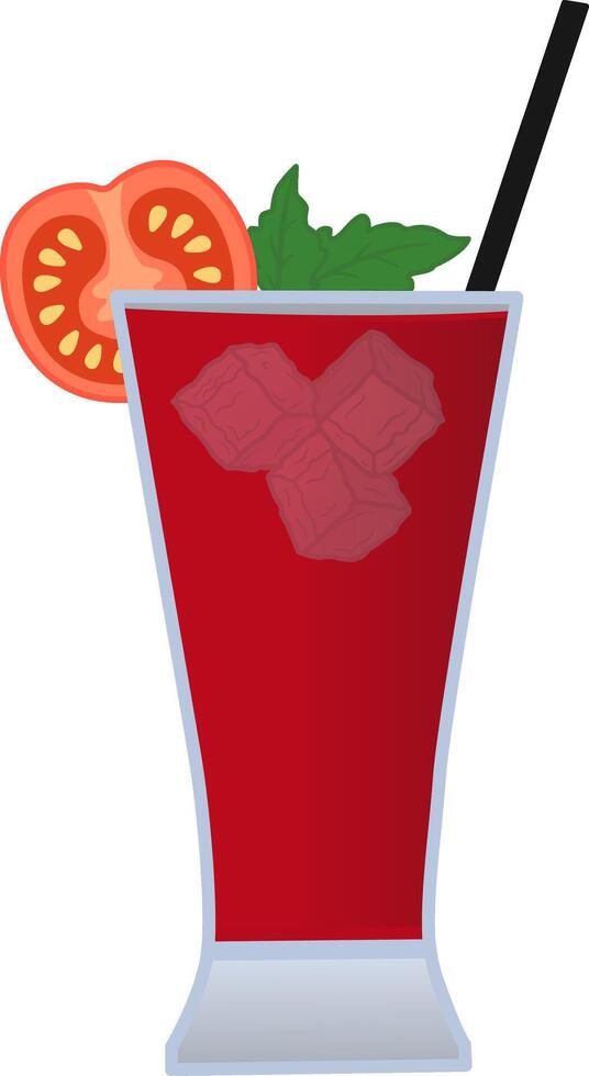 Tomato Juice with Ice Pieces. Illustration of a Beach Drink with a Straw and a Slice of Tomato in Cartoon Style vector