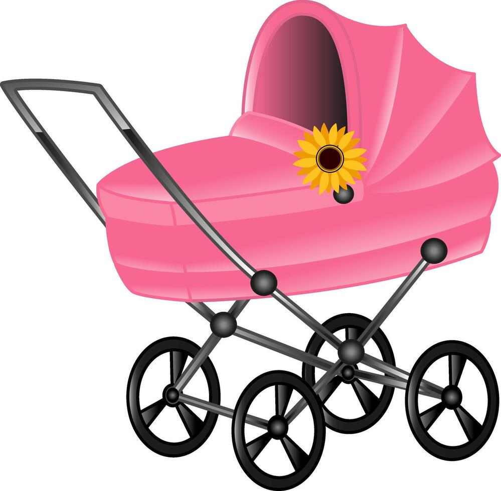 Pink Baby Carriage with Flower. Illustration of Stroller for Little Girls. Baby Stroller vector