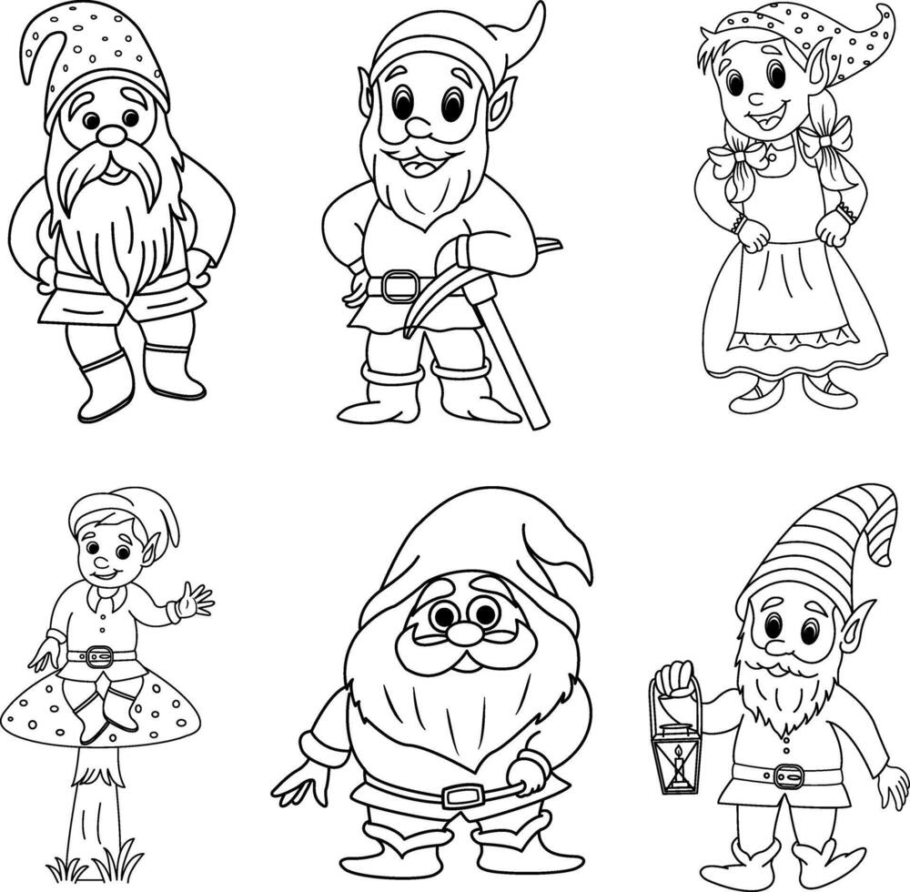 Set of Cute Cartoon Gnomes for Coloring Pages. Illustration Fairy Funny Gnomes vector