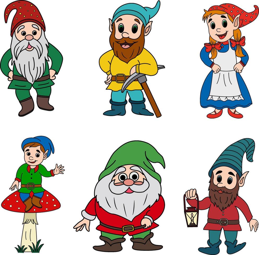 Set of Cute Cartoon Gnomes. Illustration Fairy Funny Gnomes vector