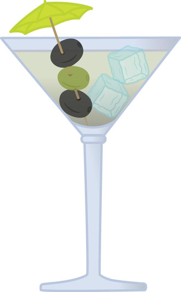 Cocktail with Olives and Ice Cubes. Illustration of Summer Drink with Umbrella in Cartoon Style vector
