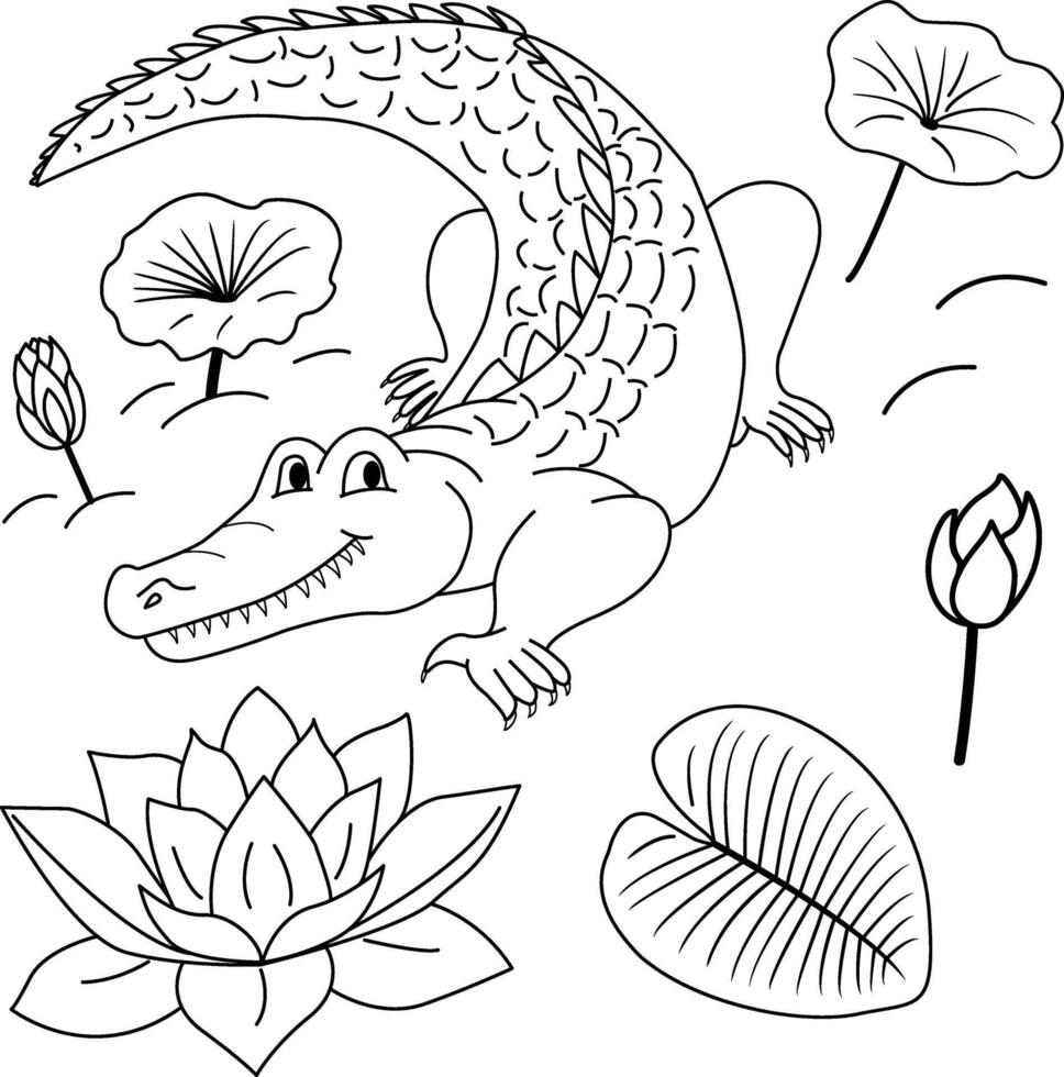 Sketch of alligator, flowers, lily, leaves. Illustration of a crocodile in the swamp for children's coloring vector