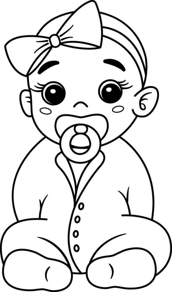 Little Girl for Coloring Page. Illustration of a Cute Cartoon Baby with a Pacifier vector
