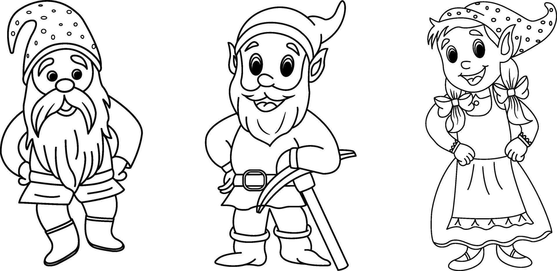 Fairytale Funny Gnomes for Coloring Pages. Cartoon Illustration Cute Gnomes, Gnome Miner, Gnome Girl. vector
