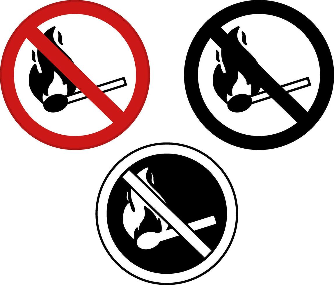 No Fire Signs. Prohibitory Road Sign. Burning Match. Hazard Warning. vector