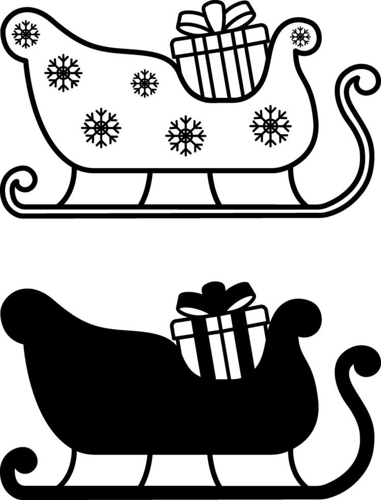 Sleigh Icons. Santa Claus Sleigh with Snowflakes and Gift Inside. Christmas Concept vector