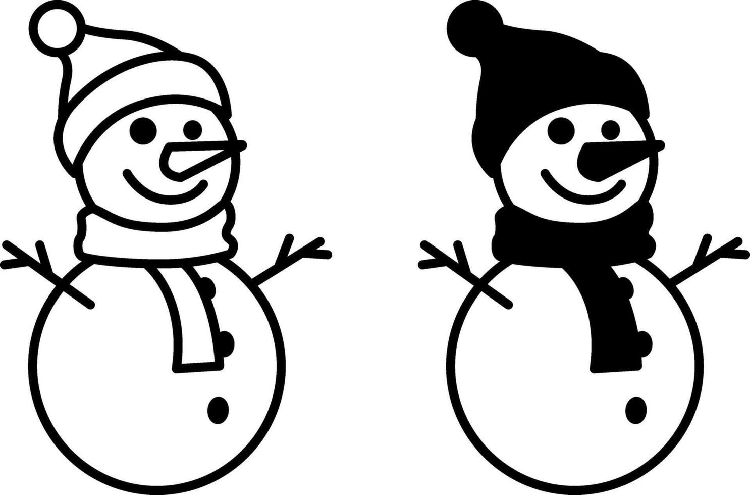 Snowman Icons. Black and White Icons. Funny Snowman in a Hat and Scarf. Christmas and Holiday Concept vector