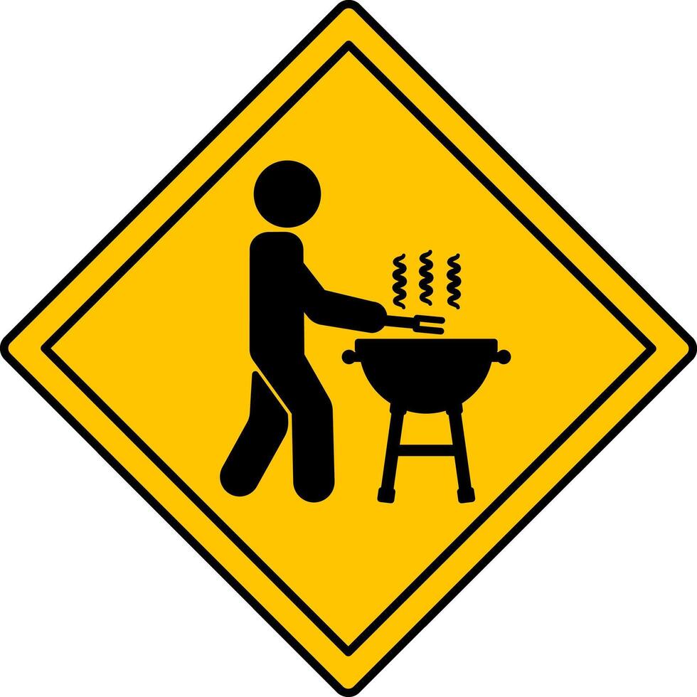 Yellow Sign BBQ Zone. Warning Road Sign. Grilling Meat Allowed. Man Cooking Food. Outdoor Picnic. vector