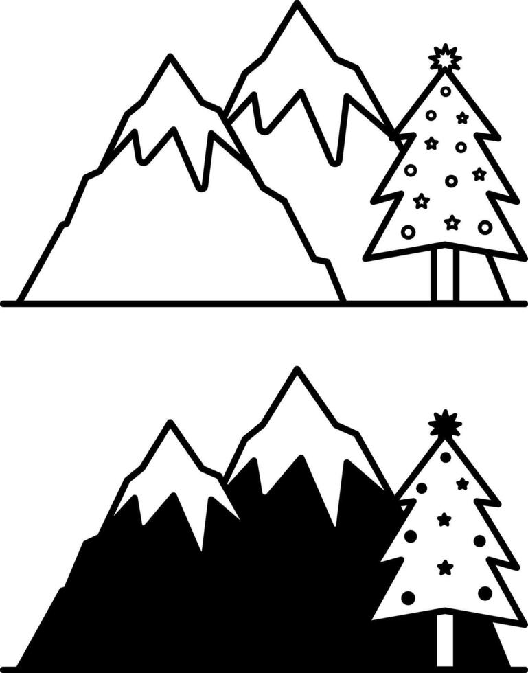 Icons Mountains. Black and White Icons. Mountains and Christmas Tree. Holiday and Camping Concept vector
