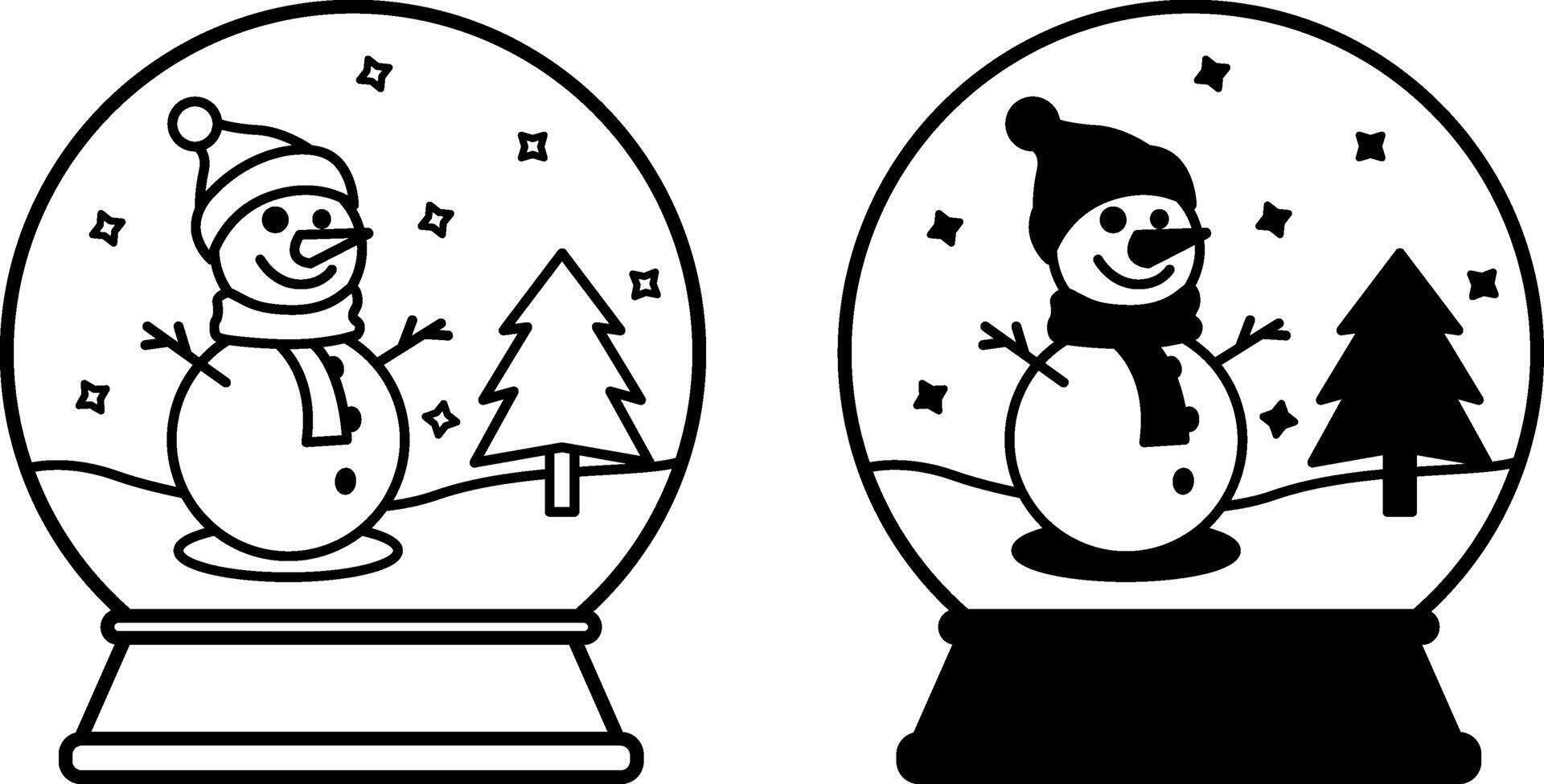 Snow Globe Icons. Black and White Icons. Happy Snowman in Hat and Scarf, Christmas Tree and Snow. Christmas and Holiday Concept vector