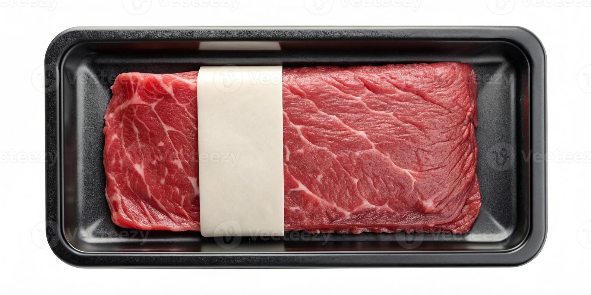 Blank plastic beef tray with black and white label mockup High Angle, plastic beef tray, presentation, minimalistic, empty tray, product display, graphic design, food service photo