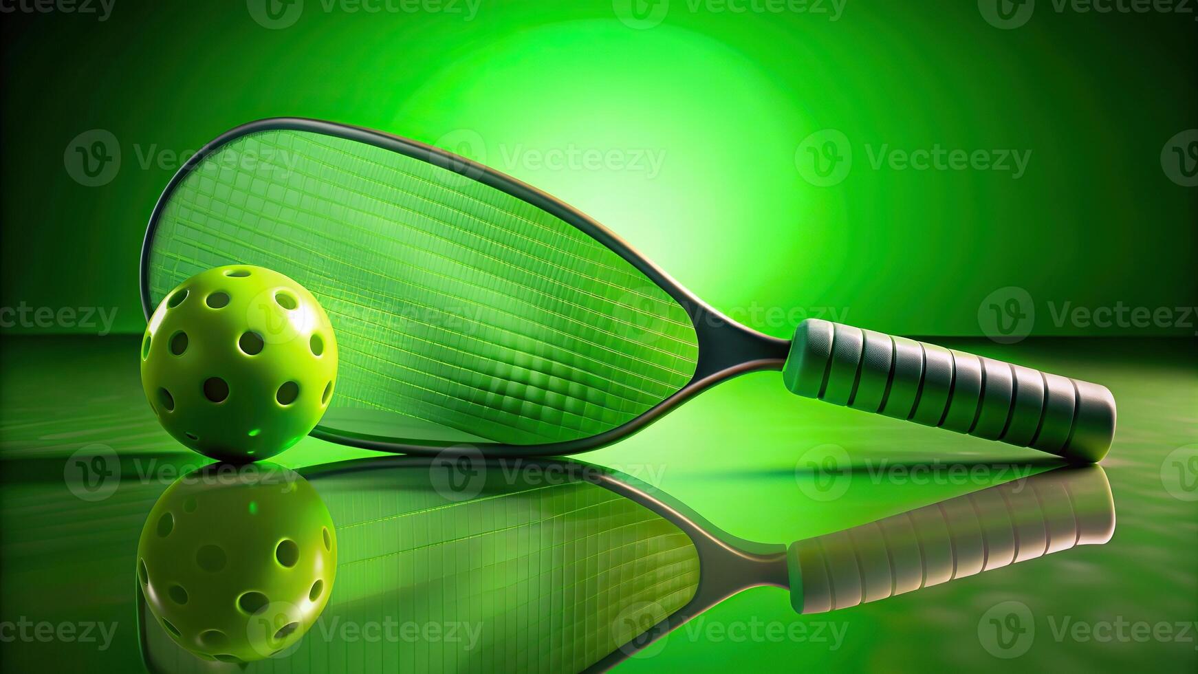 reflection, equipment, paddle, outdoor, fitness, bounce, Pickleball equipment consisting of a ball and paddle placed on a vibrant green surface with the reflection adding an artistic touch photo