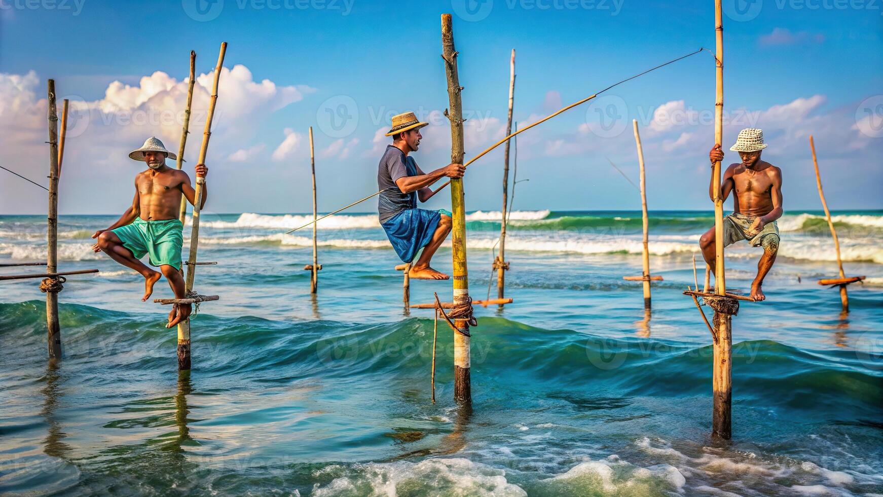 tilt fishing style, unique, lifestyle, Sri Lankan fishermen showcasing their unique tilt fishing style where they balance on a wooden pole while casting their nets symmetrically photo