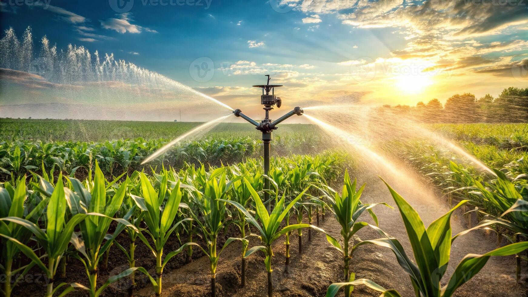 irrigation, rural, forced perspective, green, agriculture, water, lush,water sprinkler, installation, Water sprinkler installation in a field of corn from a forced perspective photo