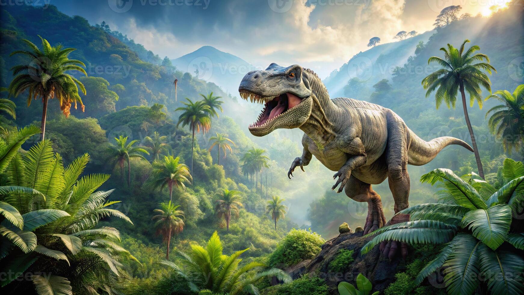 A breathtaking aerial view captures a dazzling panorama of a Tyrannosaurus Rex dinosaur roaming in a lush prehistoric jungle, greenery, nature, breathtaking, jungle, primitive, extinct photo