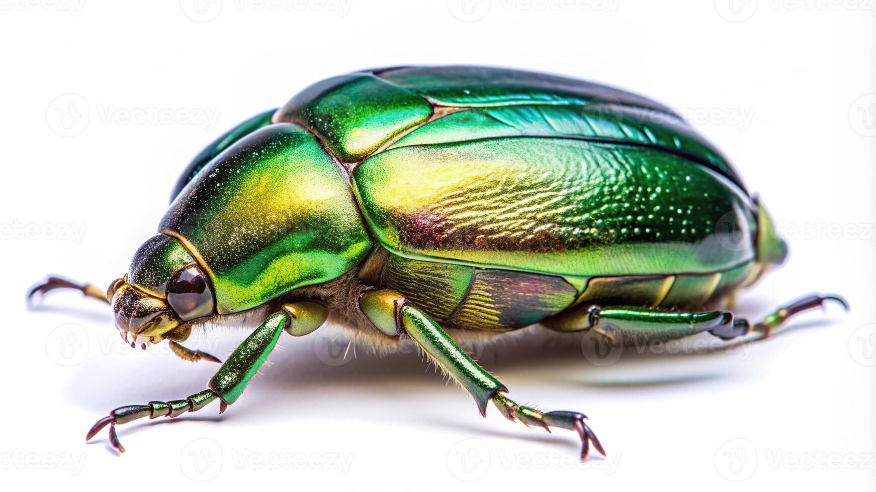 A detailed description of the stock photo A close up view of a rose chafer Cetonia aurata beetle isolated on a white background showcasing its shiny metallic green color and intricate texture
