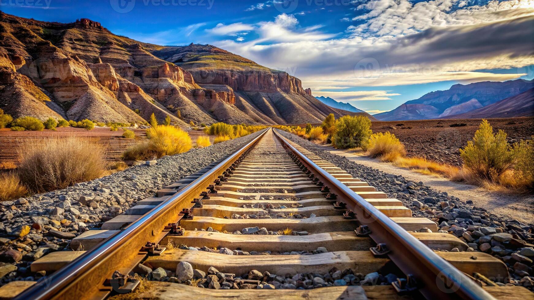 A stock photo featuring a straight railroad track in Utah USA viewed from a tilted angle emphasizing the way forward, motion, journey, track, Utah, angle, perspective, forward