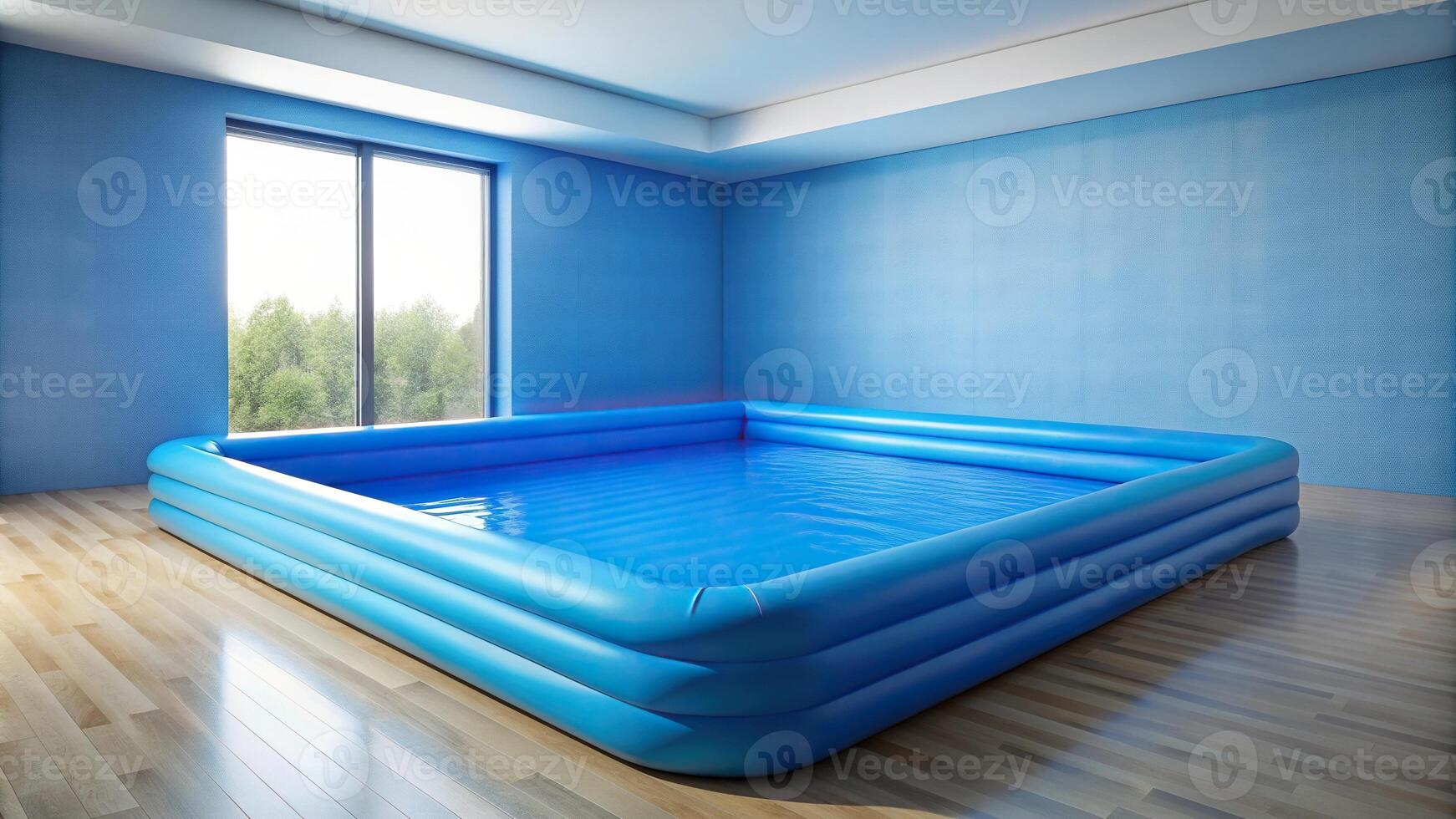 The stock photo depicts a spacious blue area with an inflatable pool providing ample copy space, blue, backyard, relaxation, water, refreshing, area, summer, leisure, recreation
