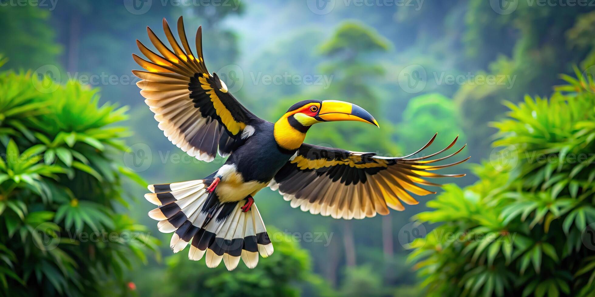 A majestic Great Hornbill soars through the lush green forest captured from a low angle showcasing its magnificent wingspan and vibrant plumage, tropical, endangered, low angle photo
