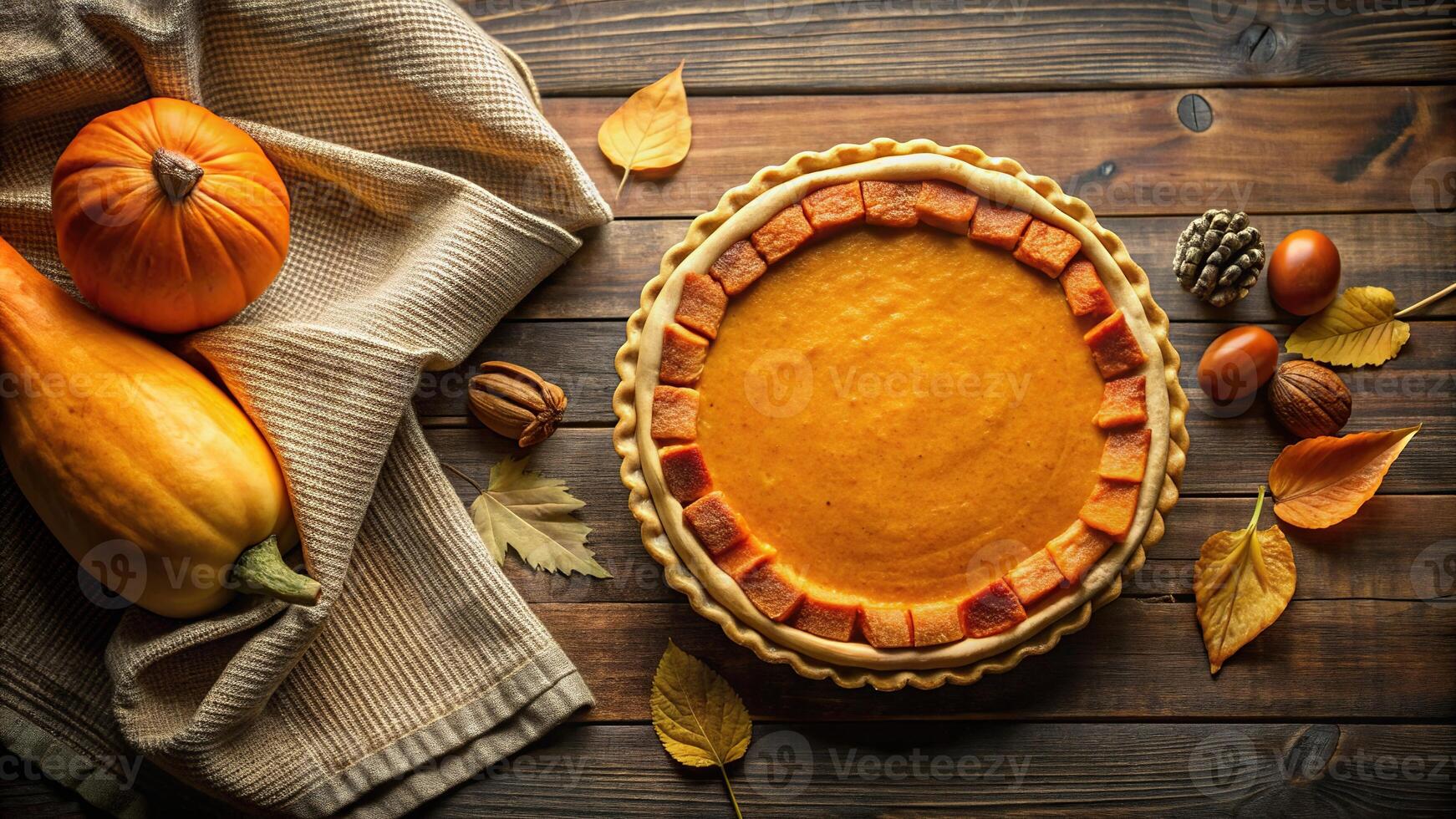 A wide angle shot of a pumpkin pie and roasted butternut squash arranged tastefully on a towel in a rustic setting, towel, delicious, autumn, food, pie, homemade, golden, harvest, fall photo