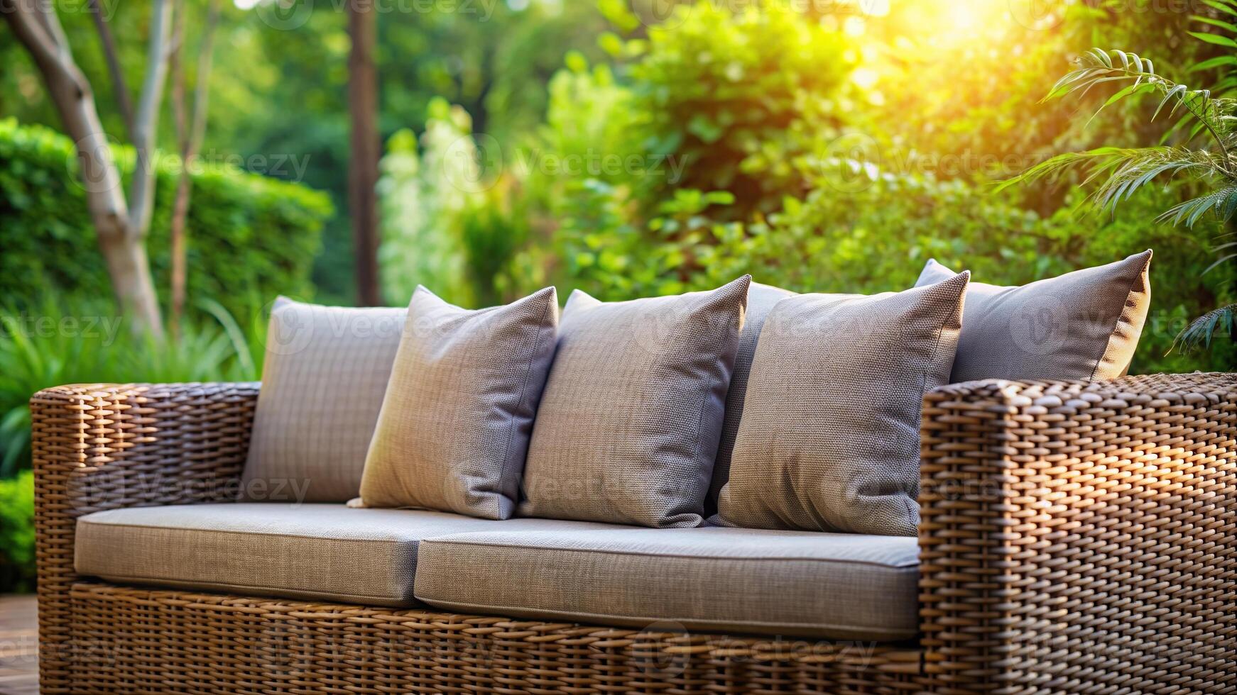 gray cushion, three brown pillows, nature background, A close up view of a modern wicker sofa in a garden with a nature background featuring three brown pillows and a gray cushion photo